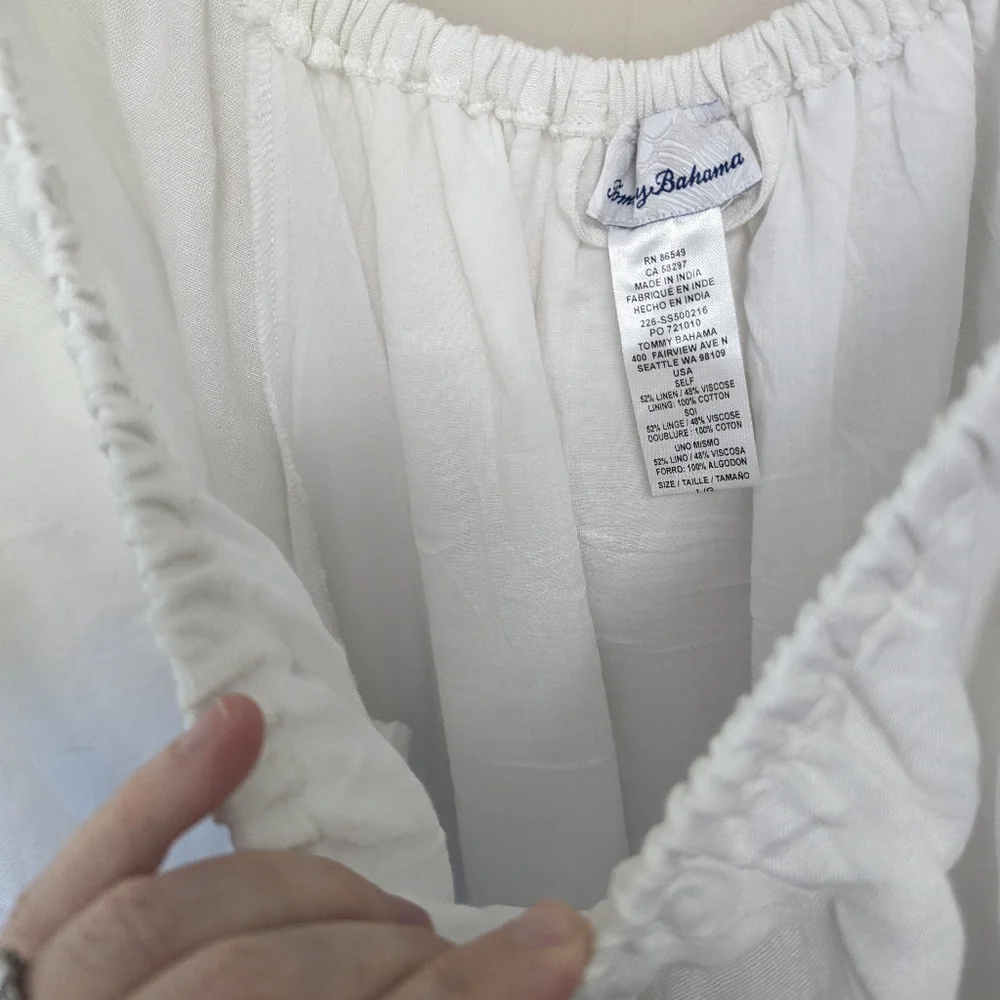 Tommy Bahama White Linen Dress Preppy Beach Puff Sleeve‎ Coastal